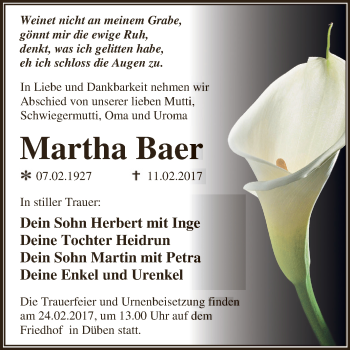 Traueranzeige von Martha Baer von Super Sonntag Wittenberg