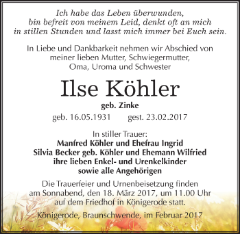 Traueranzeige von Ilse Köhler von Mitteldeutsche Zeitung Mansfelder Land