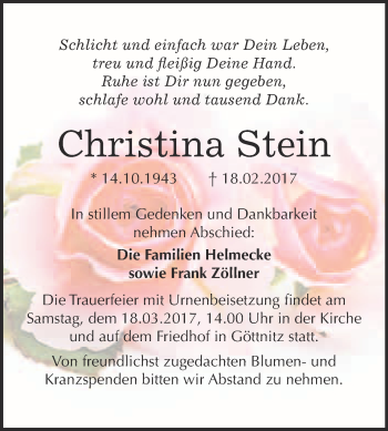 Traueranzeige von Christina Stein von WVG - Wochenspiegel Bitterfeld