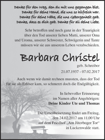 Traueranzeige von Barbara Christel von Super Sonntag Wittenberg