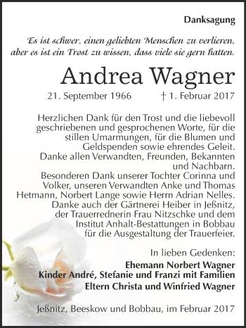 Traueranzeige von Andrea Wagner von WVG - Wochenspiegel Bitterfeld