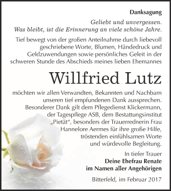 Traueranzeige von Willfried Lutz von WVG - Wochenspiegel Bitterfeld