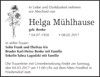 Traueranzeige von Helga Mühlhause von WVG - Wochenspiegel Bitterfeld