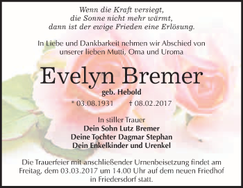 Traueranzeige von Evelyn Bremer von WVG - Wochenspiegel Bitterfeld