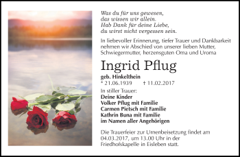 Traueranzeige von Ingrid Pflug von Super Sonntag SGH Mansf. Land
