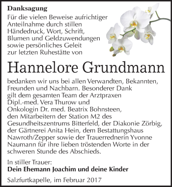 Traueranzeige von Hannelore Grundmann von Mitteldeutsche Zeitung Bitterfeld