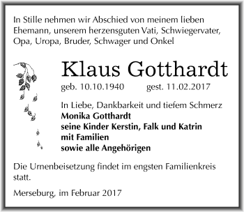 Traueranzeige von Klaus Gotthardt von Mitteldeutsche Zeitung Merseburg/Querfurt