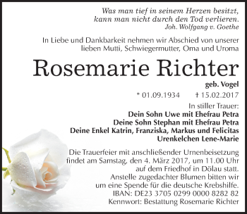 Traueranzeige von Rosemarie Richter von Mitteldeutsche Zeitung Halle/Saalkreis