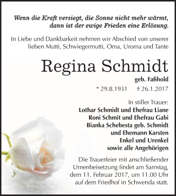 Traueranzeige von Regina Schmidt von Super Sonntag Quedlinburg