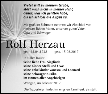 Traueranzeige von Rolf Herzau von Mitteldeutsche Zeitung Naumburg/Nebra