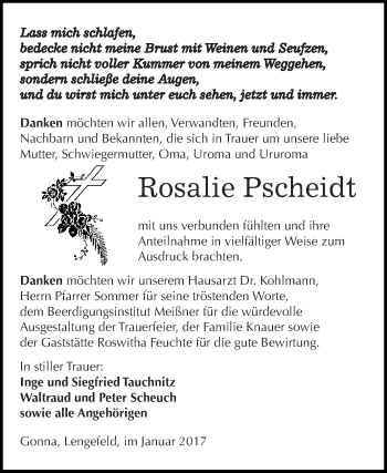 Traueranzeige von Rosalie Pscheidt von Super Sonntag SGH Mansf. Land