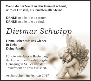 Traueranzeige von Dietmar Schwipp von Super Sonntag SGH Mansf. Land
