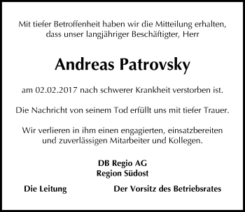 Traueranzeige von Andreas Patrovsky von Mitteldeutsche Zeitung Halle/Saalkreis