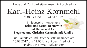 Traueranzeige von Karl-Heinz Kornmehl von WVG - Wochenspiegel Dessau / Köthen