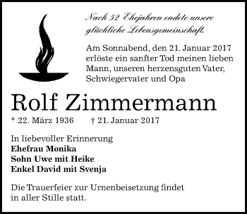 Traueranzeige von Rolf Zimmermann von Mitteldeutsche Zeitung Weißenfels
