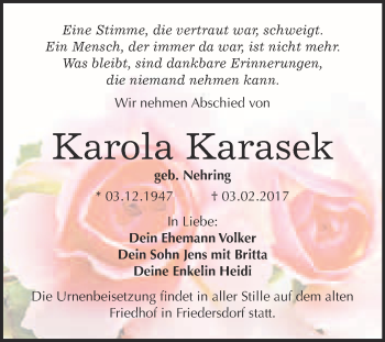 Traueranzeige von Karola Karasek von WVG - Wochenspiegel Bitterfeld