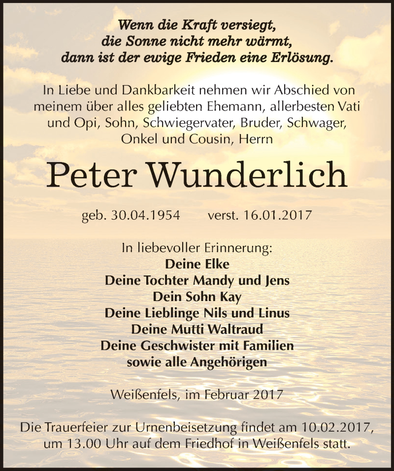  Traueranzeige für Peter Wunderlich vom 04.02.2017 aus Mitteldeutsche Zeitung Weißenfels
