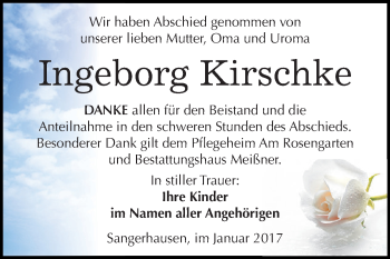 Traueranzeige von Ingeborg Kirschke von Super Sonntag SGH Mansf. Land