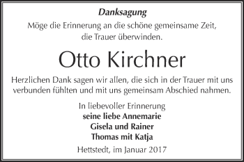 Traueranzeige von Otto Kirchner von Super Sonntag SGH Mansf. Land