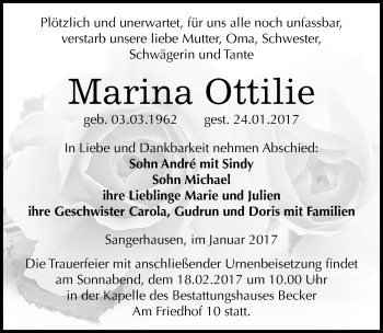 Traueranzeige von Marina Ottilie von Mitteldeutsche Zeitung Sangerhausen