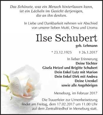 Traueranzeige von Ilse Schubert von Super Sonntag Halle