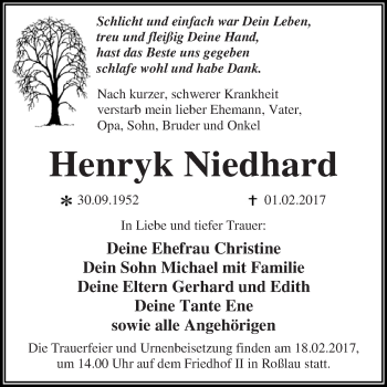 Traueranzeige von Henryk Niedhard von WVG - Wochenspiegel Dessau / Köthen