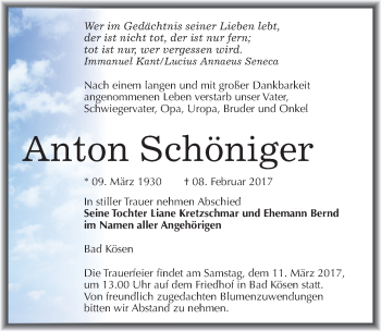 Traueranzeige von Anton Schöniger von Mitteldeutsche Zeitung Naumburg/Nebra