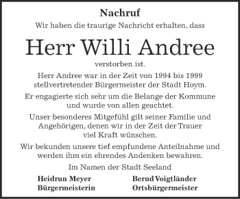 Traueranzeige von Willi Andree von Super Sonntag SGH Mansf. Land