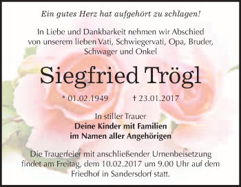 Traueranzeige von Siegfried Trögl von WVG - Wochenspiegel Bitterfeld