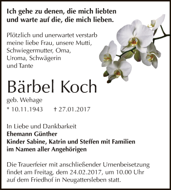 Traueranzeige von Bärbel Koch von Super Sonntag Bernburg