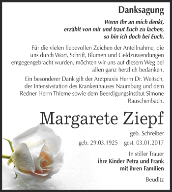 Traueranzeige von Margarete Ziepf von WVG - Wochenspiegel NMB / WSF / ZTZ