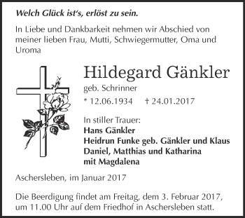 Traueranzeige von Hildegard Gänkler von Super Sonntag SGH Mansf. Land