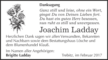 Traueranzeige von Joachim Ladday von Super Sonntag Wittenberg