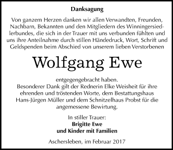 Traueranzeige von Wolfgang Ewe von Mitteldeutsche Zeitung Aschersleben