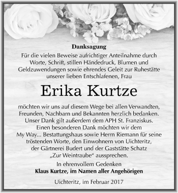 Traueranzeige von Erika Kurtze von Mitteldeutsche Zeitung Weißenfels