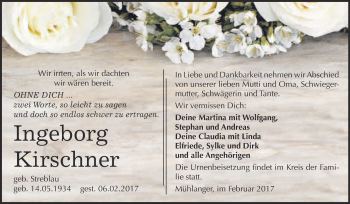 Traueranzeige von Ingeborg Kirschner von Super Sonntag Wittenberg