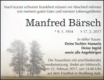 Traueranzeige von Manfred Bärsch von Super Sonntag Quedlinburg