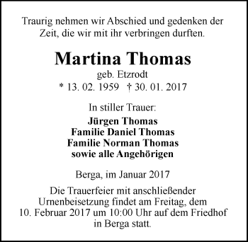 Traueranzeige von Martina Thomas von Mitteldeutsche Zeitung Sangerhausen