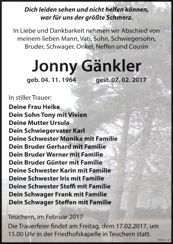 Traueranzeige von Jonny Gänkler von Mitteldeutsche Zeitung Weißenfels