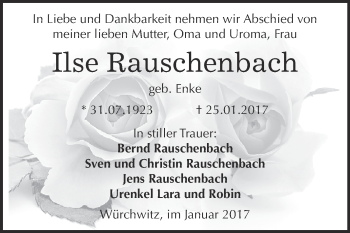 Traueranzeige von Ilse Rauschenbach von Super Sonntag Zeitz