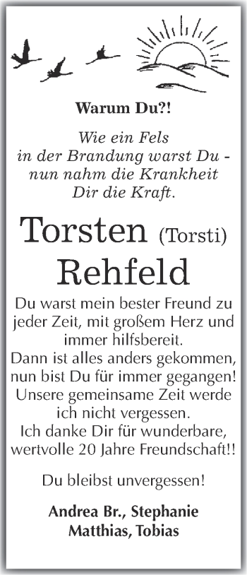 Traueranzeige von Torsten Rehfeld von Super Sonntag Wittenberg