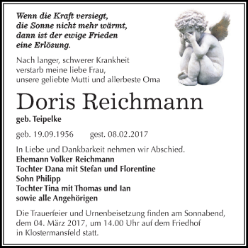 Traueranzeige von Doris Reichmann von Super Sonntag SGH Mansf. Land