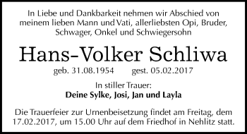 Traueranzeige von Hans-Volker Schliwa von Mitteldeutsche Zeitung Halle/Saalkreis