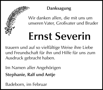 Traueranzeige von Ernst Severin von Mitteldeutsche Zeitung Quedlinburg