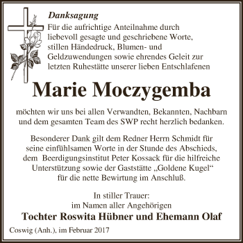 Traueranzeige von Marie Moczygemba von Super Sonntag Wittenberg