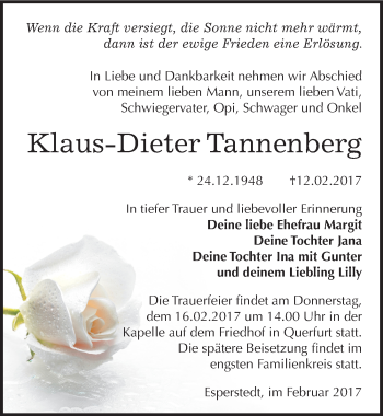 Traueranzeige von Klaus-Dieter Tannenberg von Mitteldeutsche Zeitung Merseburg/Querfurt