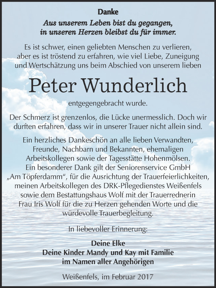  Traueranzeige für Peter Wunderlich vom 01.03.2017 aus WVG - Wochenspiegel NMB / WSF / ZTZ