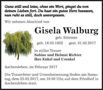 Traueranzeige von Gisela Walburg von Mitteldeutsche Zeitung Aschersleben