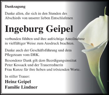 Traueranzeige von Ingeburg Geipel von Mitteldeutsche Zeitung Dessau-Roßlau