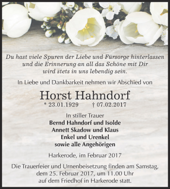 Traueranzeige von Horst Hahndorf von Super Sonntag SGH Mansf. Land